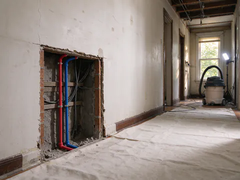 New red and blue PEX water lines rising through a rectangular opening cut in an old plaster wall of a Philadelphia rowhouse, with a drop cloth on the floor