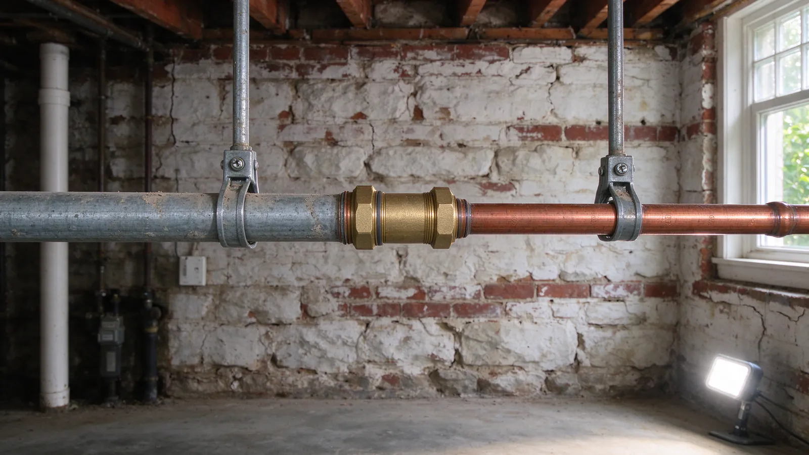 A hand holding a fridge magnet against a gray pipe beside the water meter on the front wall of a Philadelphia rowhouse basement