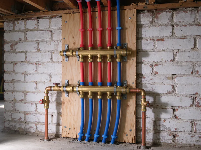 A brass PEX manifold with red and blue lines rising from a plywood board to the joists