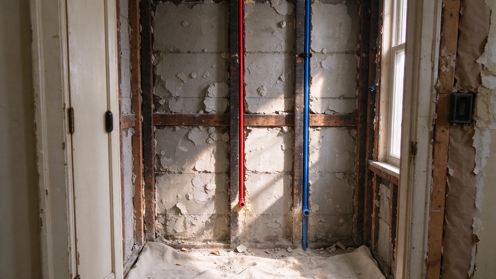 A rowhouse kitchen during a repipe with the floor covered in drop cloths, a plastic dust barrier zipped across a doorway and jugs of water lined up on the counter