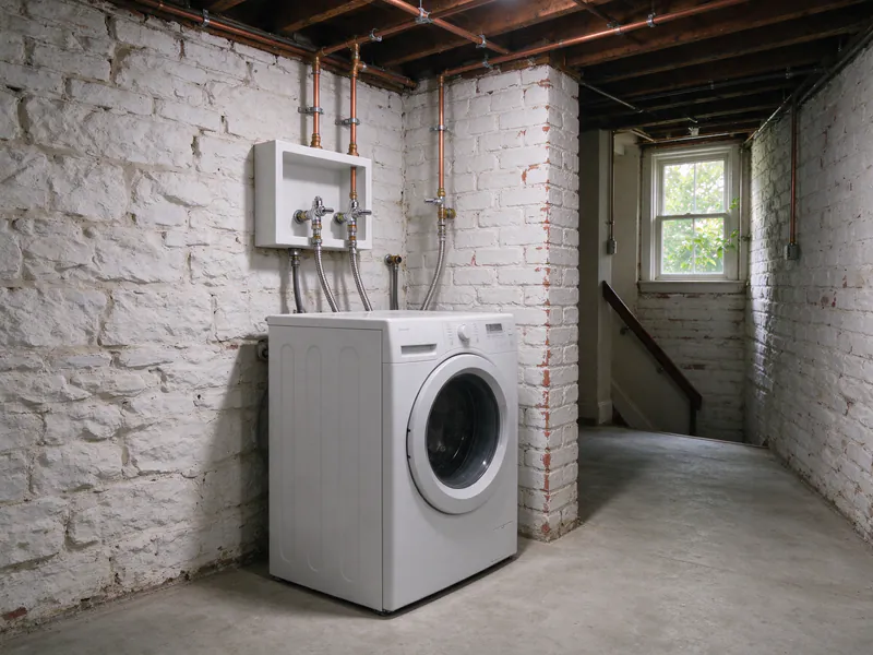Copper lines dropping to a laundry valve box with hoses to a washing machine in a basement
