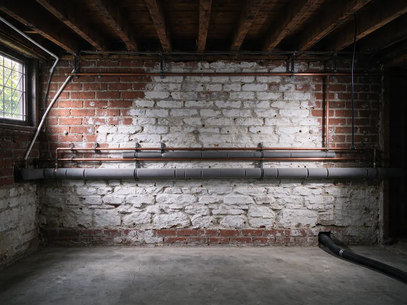 Copper water lines and an insulated pipe along the front wall of a brick basement
