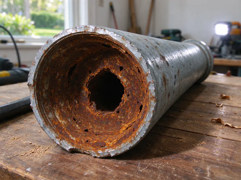 A cut section of old galvanized water pipe with rust scale narrowing the inside