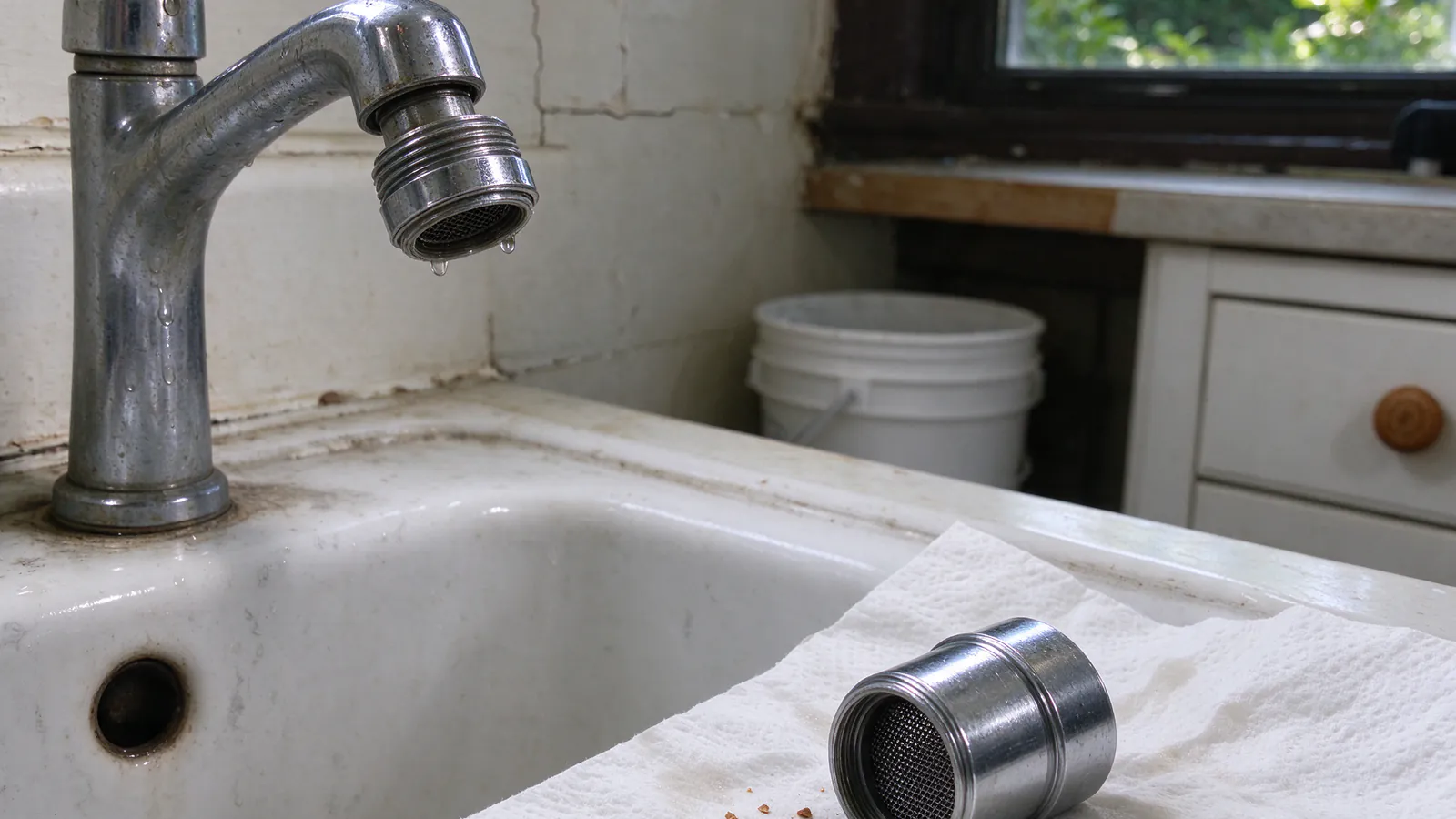 A glass being filled with cold water at a kitchen faucet fitted with a filter in a Philadelphia rowhouse kitchen