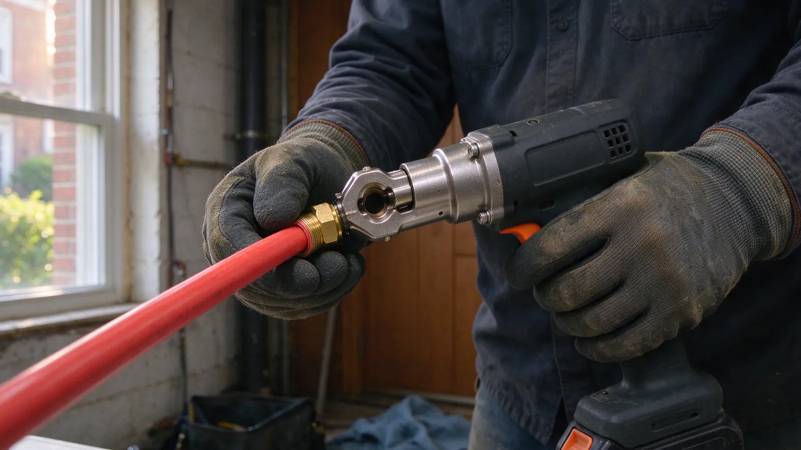 A plumber checking new copper and PEX connections at the water heater in the basement of a Philadelphia rowhouse