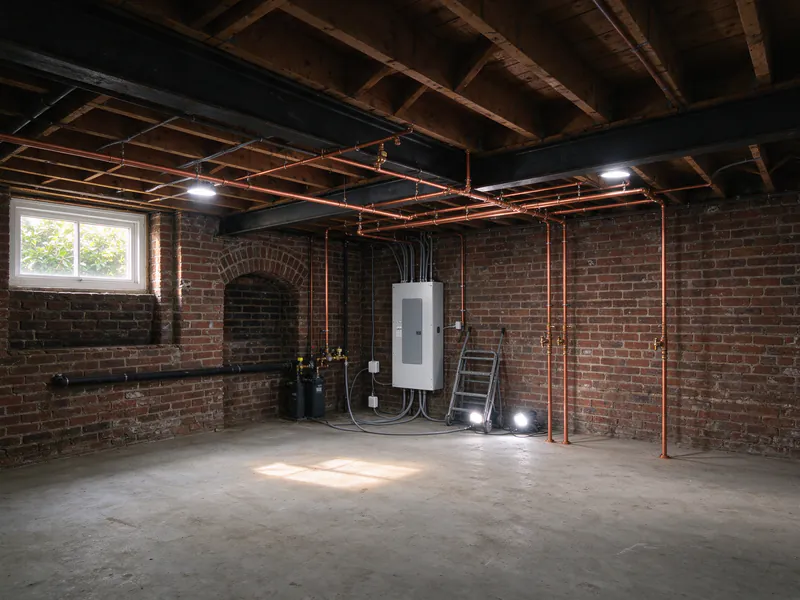 New copper mains along the joists of a converted building's brick basement, branching to several risers
