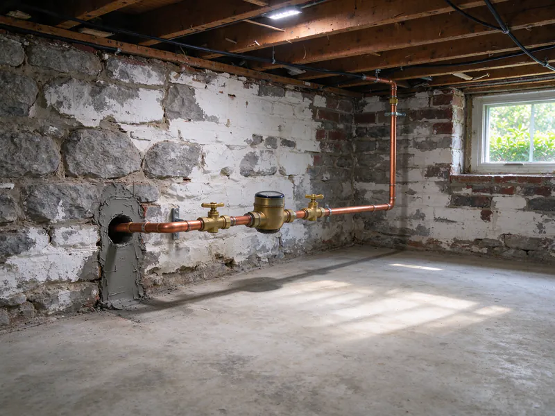 A new copper service pipe through a sealed stone wall opening to a ball valve, a meter and a second valve