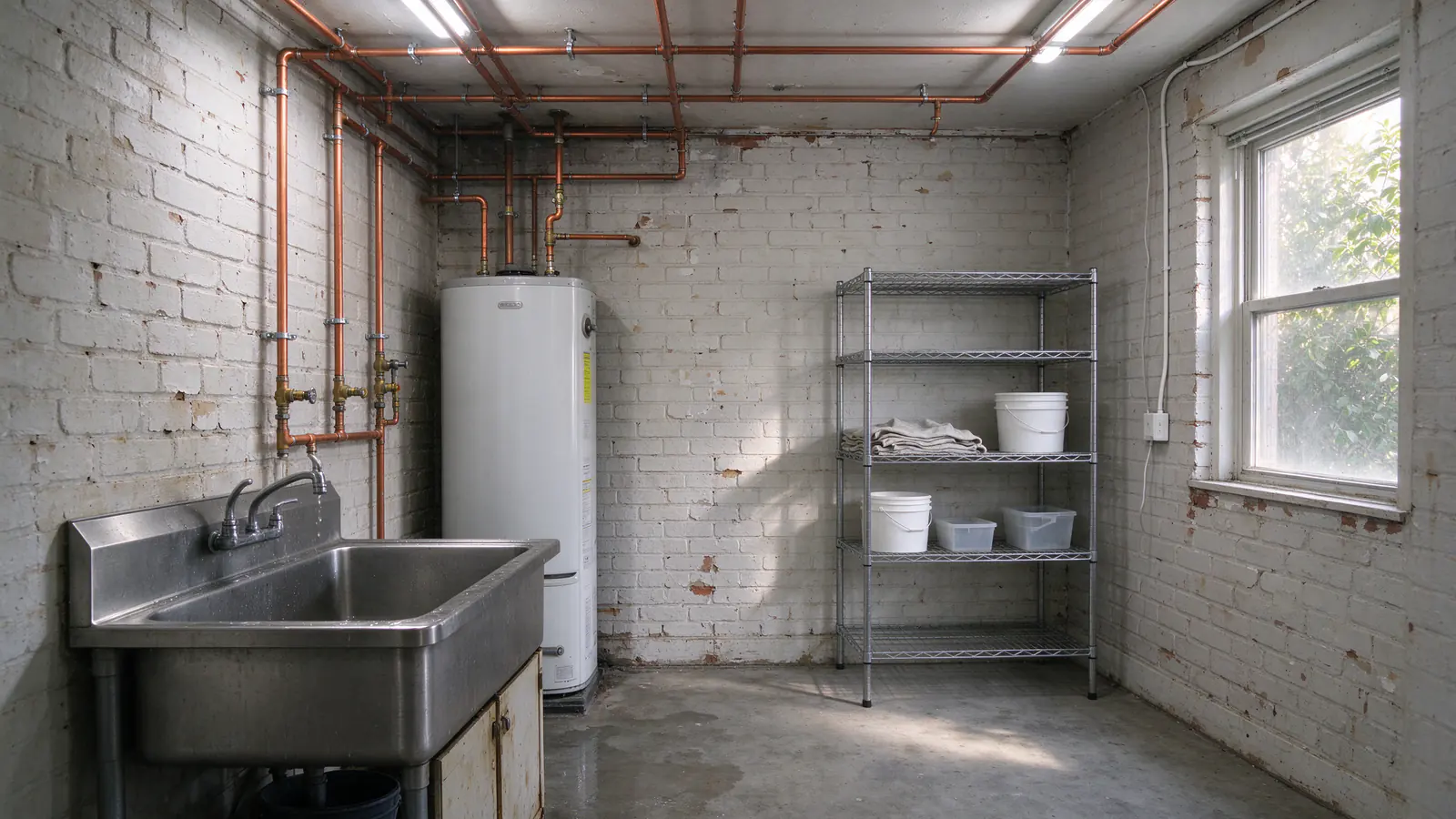 New copper water lines with press fittings running along the open ceiling of a small Philadelphia corner store, shelving covered in plastic sheeting below