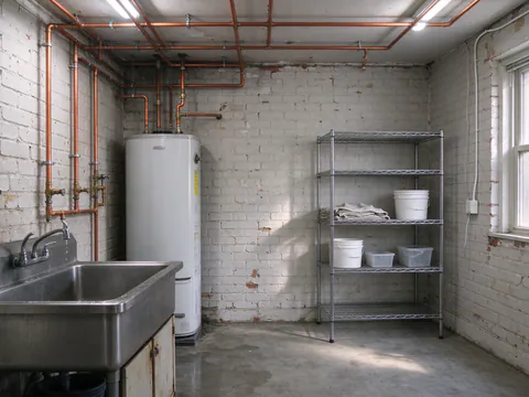New copper water lines with press fittings running along the open ceiling of a small Philadelphia corner store, shelving covered in plastic sheeting below