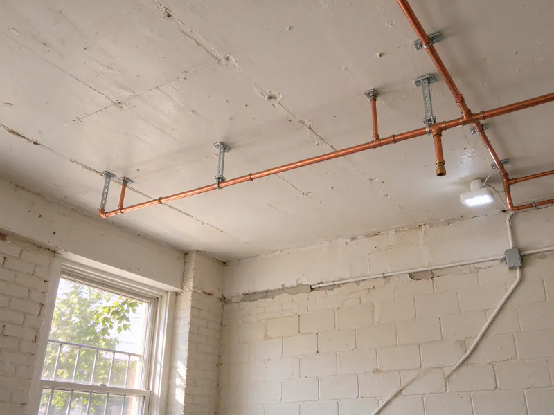 New copper water lines on hangers along the ceiling of a shop back room