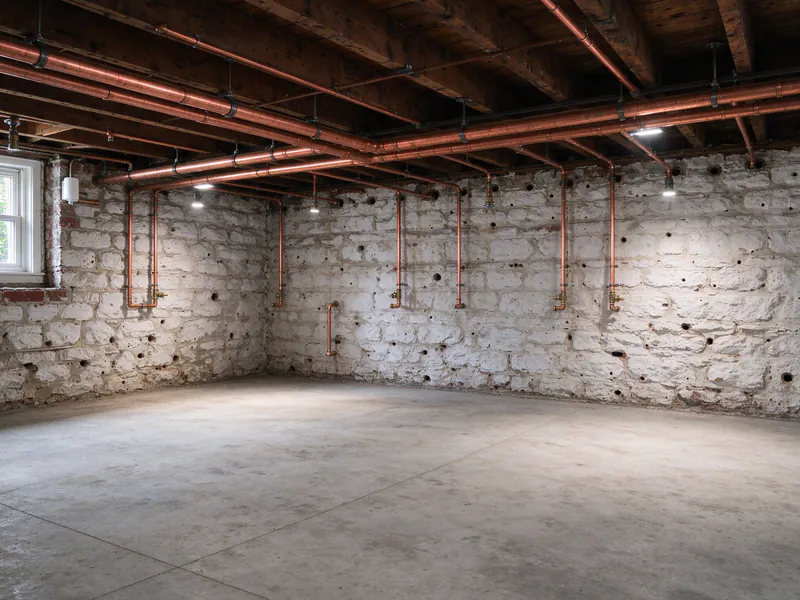 New copper water lines on hangers along the joists of a rowhouse basement