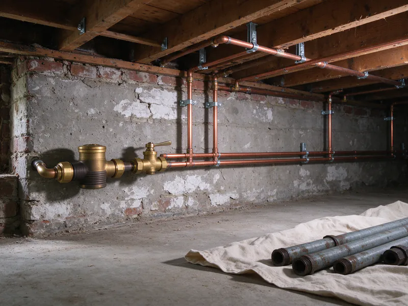 Red and blue PEX hot and cold water mains clipped along the wood joists of a brick rowhouse basement, next to a new ball-valve main shutoff