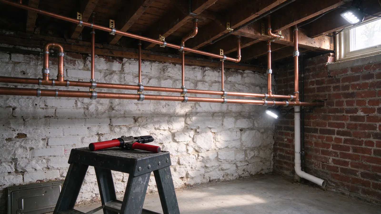 New copper water lines with press fittings running along the ceiling of a corner-store basement in Philadelphia, strapped to the joists with copper hangers