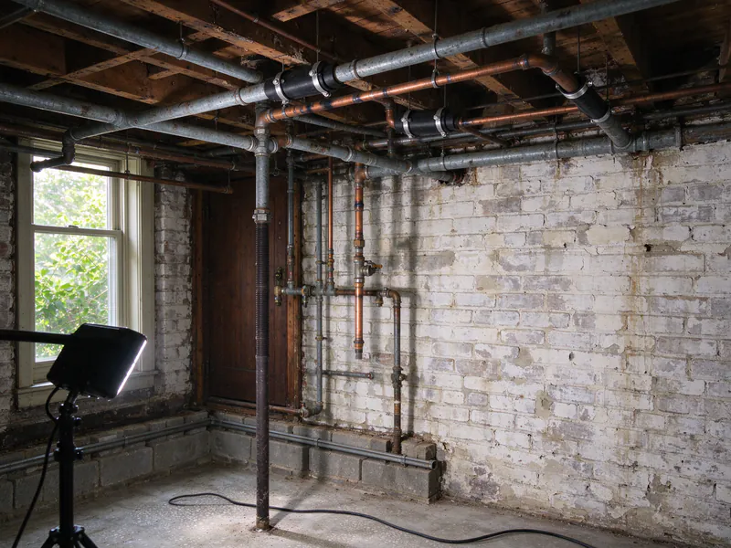 Old galvanized and patched copper water pipes along the joists and wall of a rowhouse basement