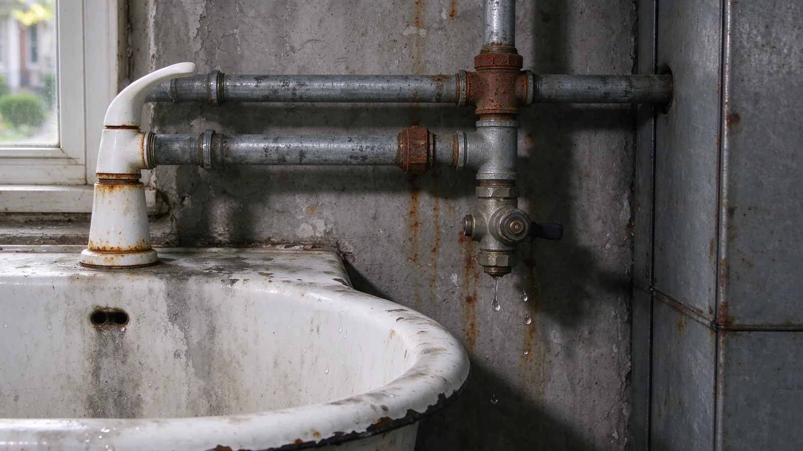 A clear glass of faintly brown water on a kitchen counter in a Philadelphia rowhouse, beside a running cold tap