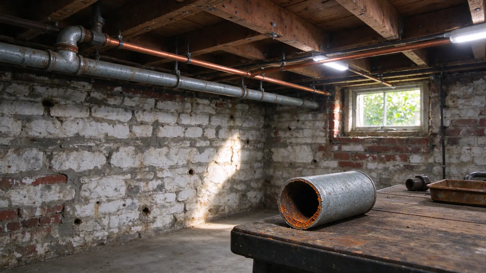 A cut section of old galvanized steel water pipe on a basement workbench, its bore narrowed by orange-brown scale, beside a length of new copper pipe