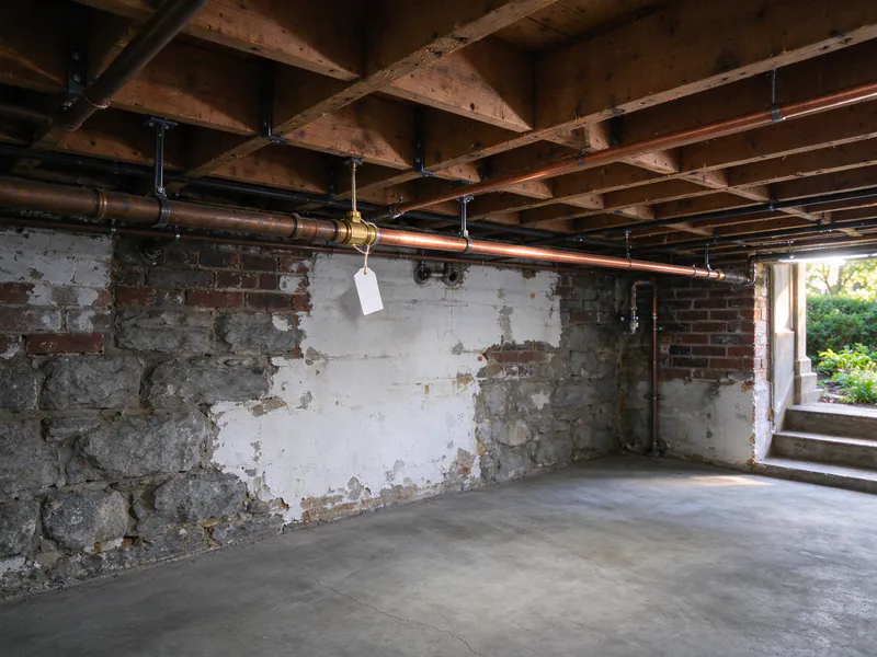 Older copper pipe joined to new copper pipe with a brass coupling and a tag at the joint along basement joists