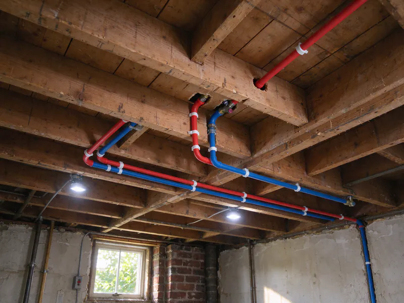 Red and blue PEX lines in plastic clips along the basement joists, turning up through drilled holes