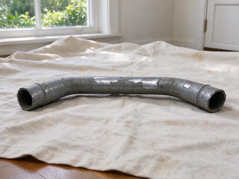 A removed length of old lead pipe lying on a drop cloth
