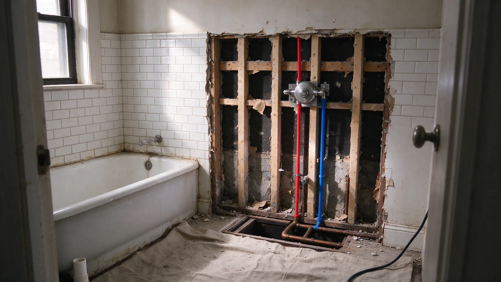 A basement ceiling where new PEX lines meet older copper pipe at a brass transition fitting, with a paper tag marking the boundary of the new work