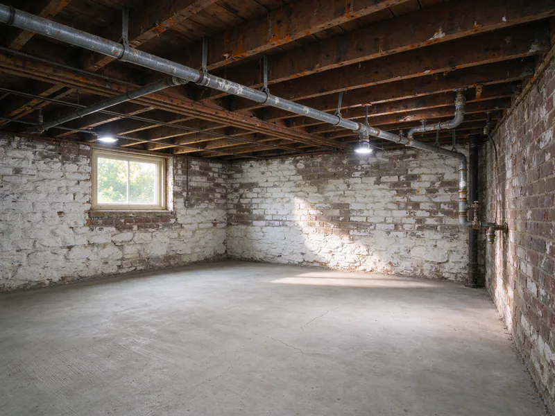 Rusty galvanized water pipes along the joists of an old basement