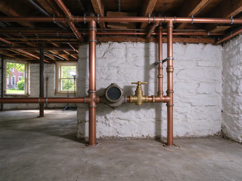 The same basement with new copper water pipes, a new brass valve and the water meter