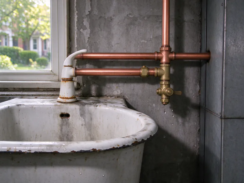 The same utility sink with new copper supply pipes and brass shutoff valves