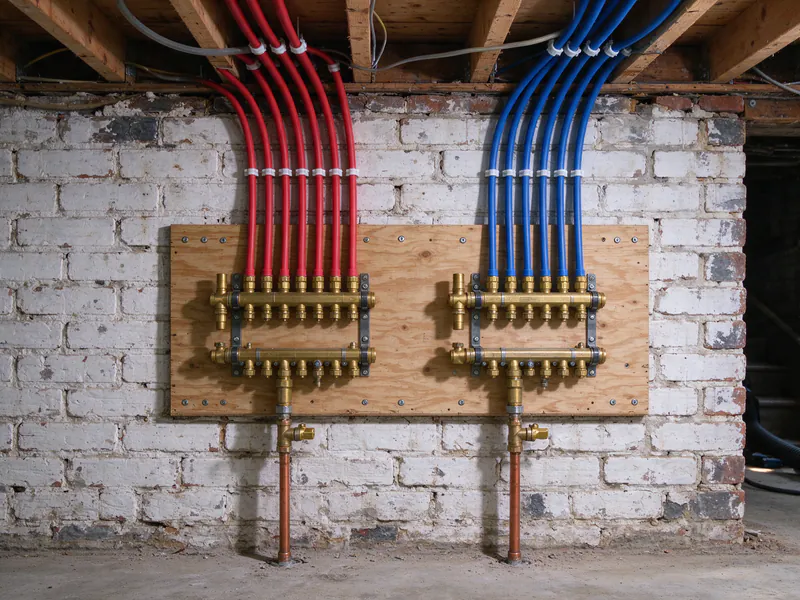Separate hot and cold brass PEX manifolds on a plywood board with red and blue lines