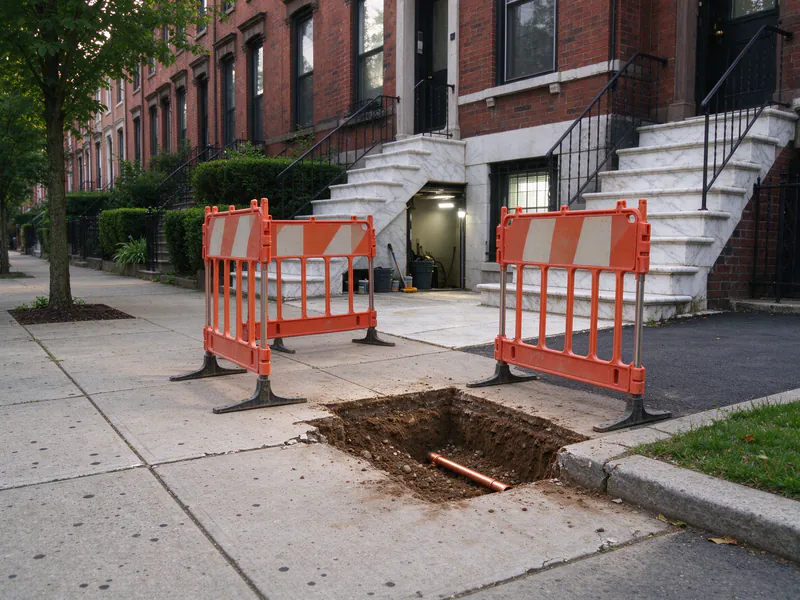 A sidewalk opened at the curb in front of brick rowhouses with marble steps, with safety barricades and a new copper pipe in the trench