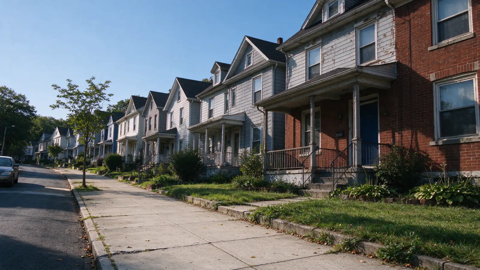 A row of attached brick houses with front steps on a Norristown street
