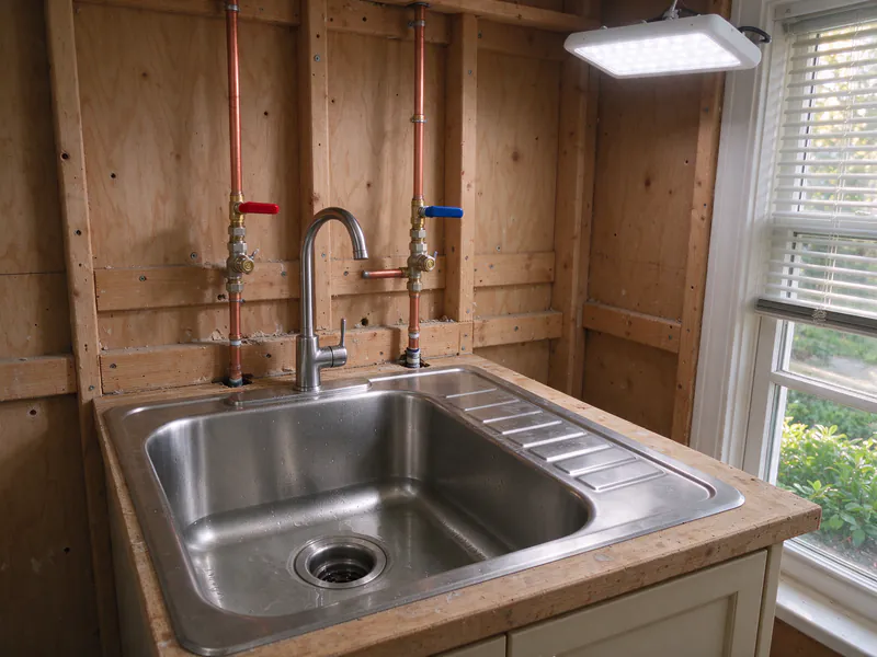 A stainless steel utility sink with new copper hot and cold supply lines and shutoff valves