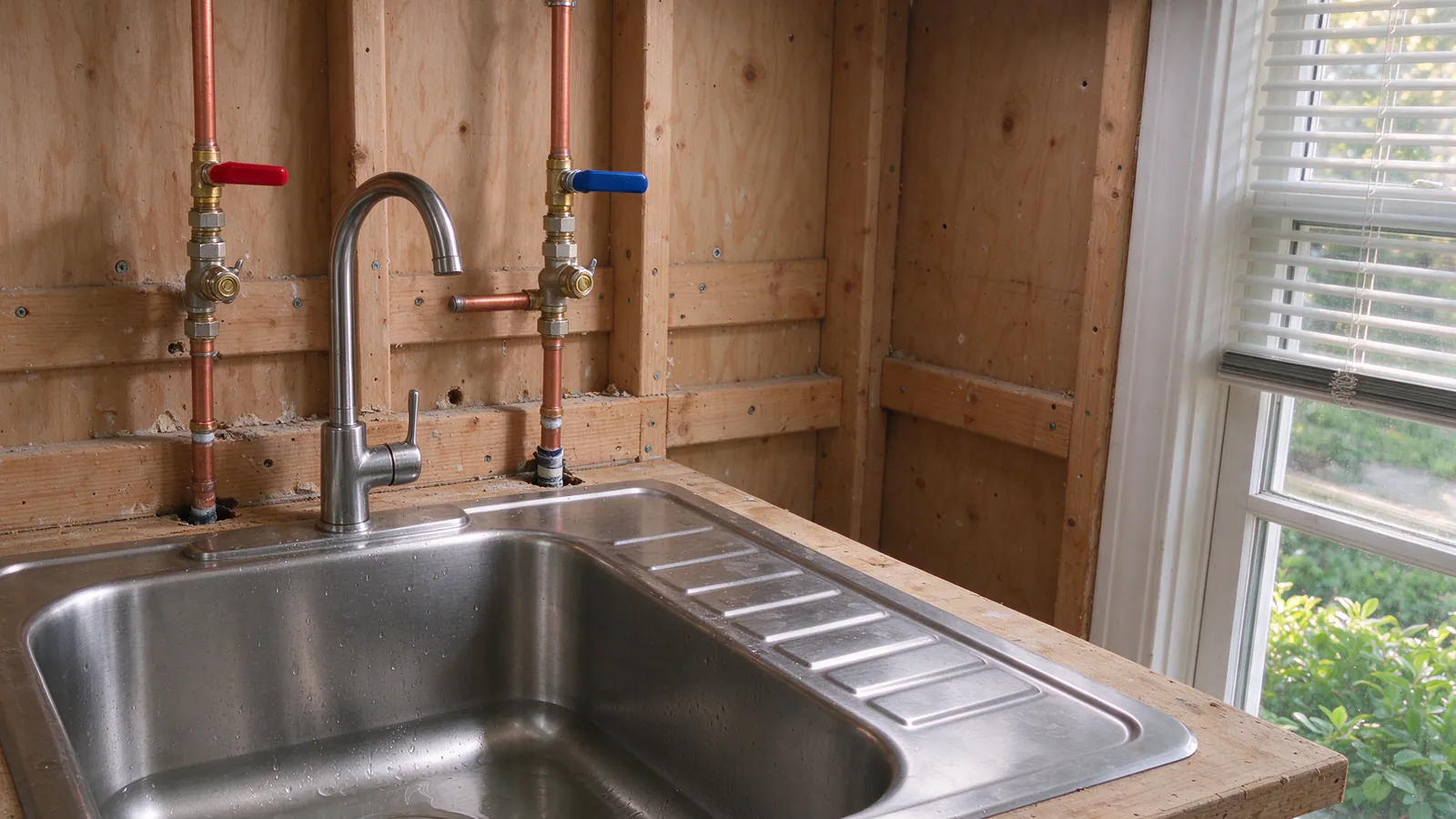 A basement wall in an old rowhouse with a thick black cast iron drain stack beside thin new red and blue PEX supply lines strapped to the joists