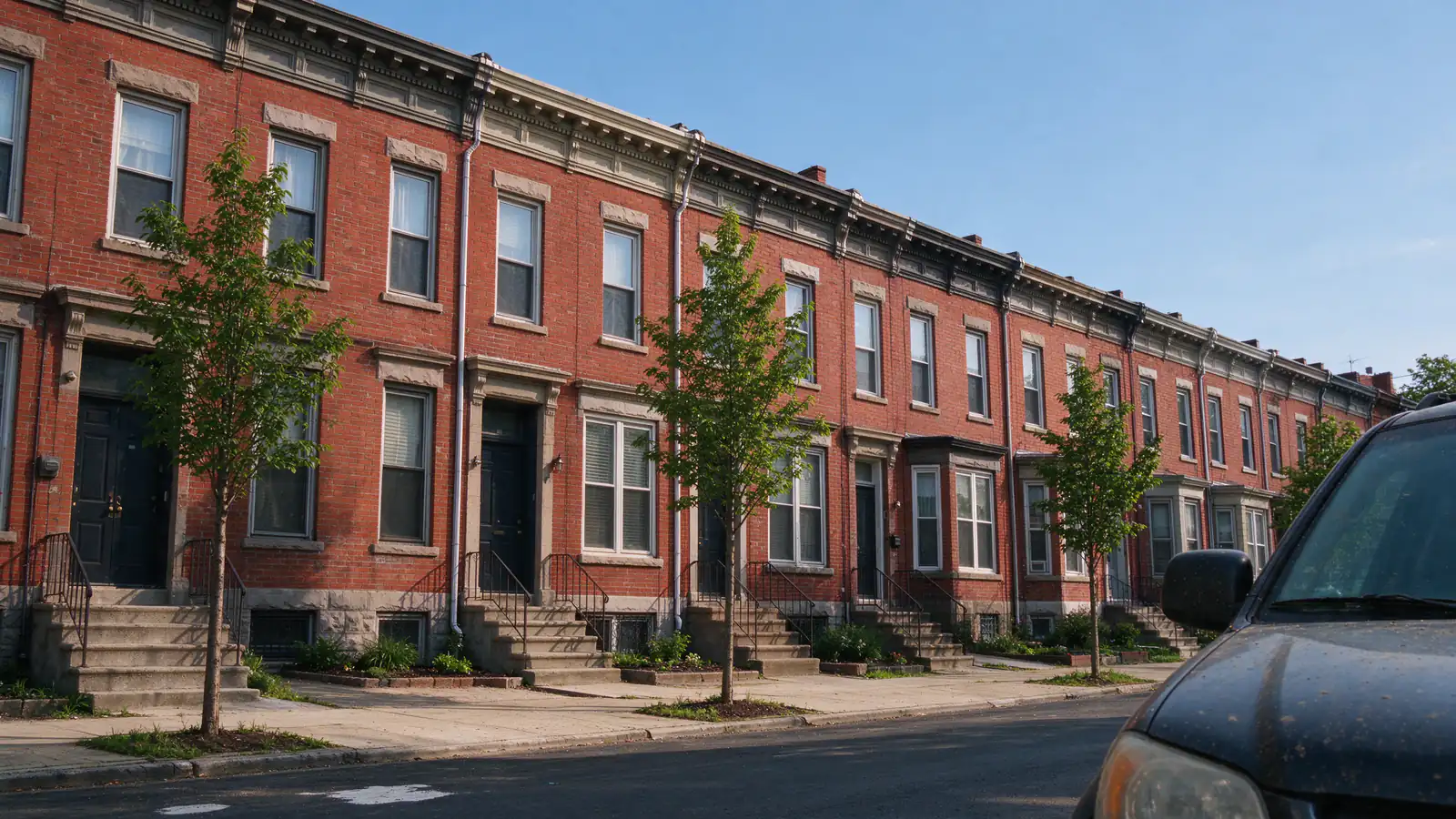 A block of brick North Philadelphia rowhouses with front stoops and basement windows at sidewalk level