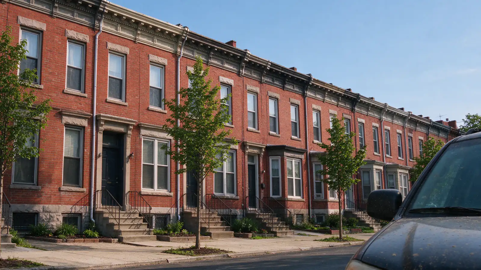 A trench across a Philadelphia sidewalk in front of a rowhouse with a new copper water service line laid toward the front wall