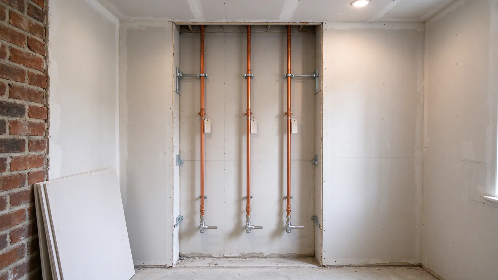 New hot and cold water risers running up through an open closet wall on the second floor of a converted Philadelphia brick triplex, with labeled shutoff valves at the branch to each apartment