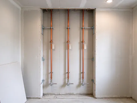 New hot and cold water risers running up through an open closet wall on the second floor of a converted Philadelphia brick triplex, with labeled shutoff valves at the branch to each apartment