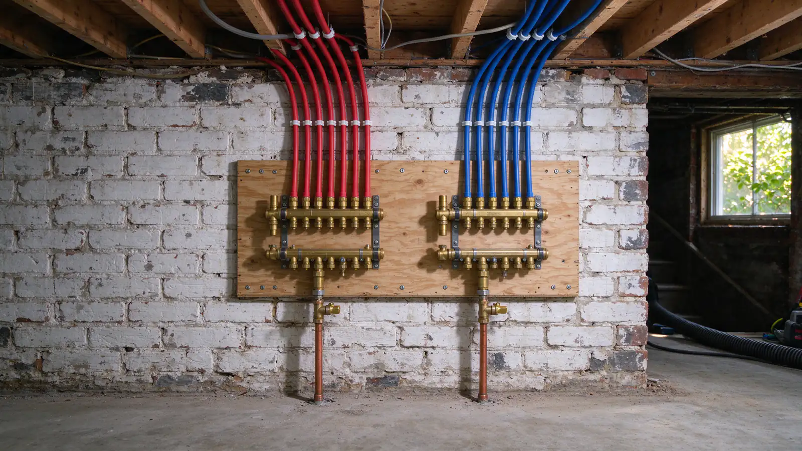 Red and blue PEX tubing fanning out from a brass manifold mounted between basement joists, each line tagged with the room it serves