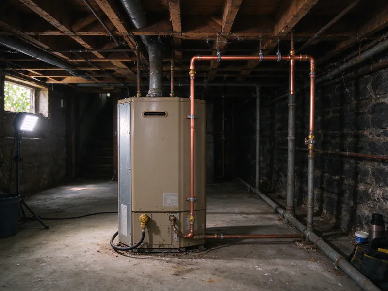 A water heater in a basement with new copper hot water piping rising to the joists