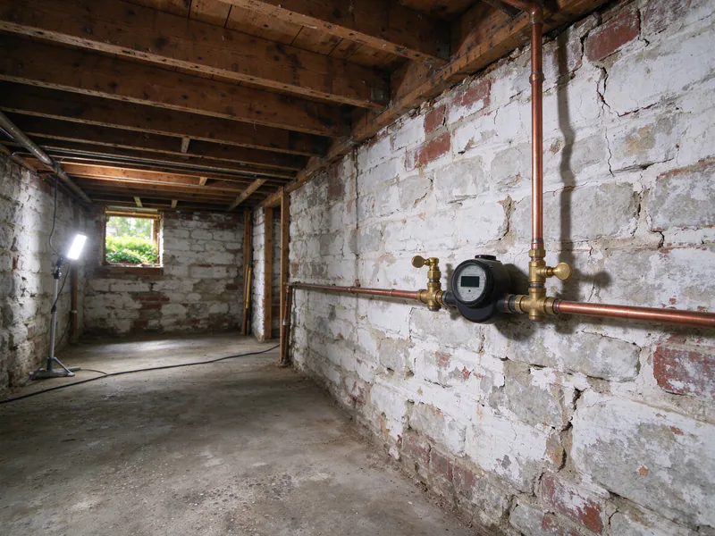 A water meter between two brass valves on new copper pipe along the wall of a narrow rowhouse basement