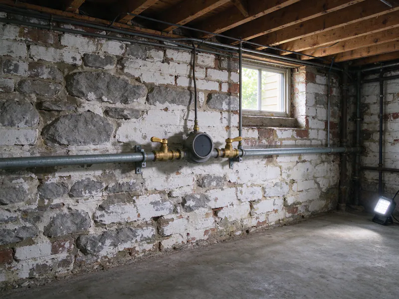 A water meter between two brass valves on the service pipe along a stone basement wall