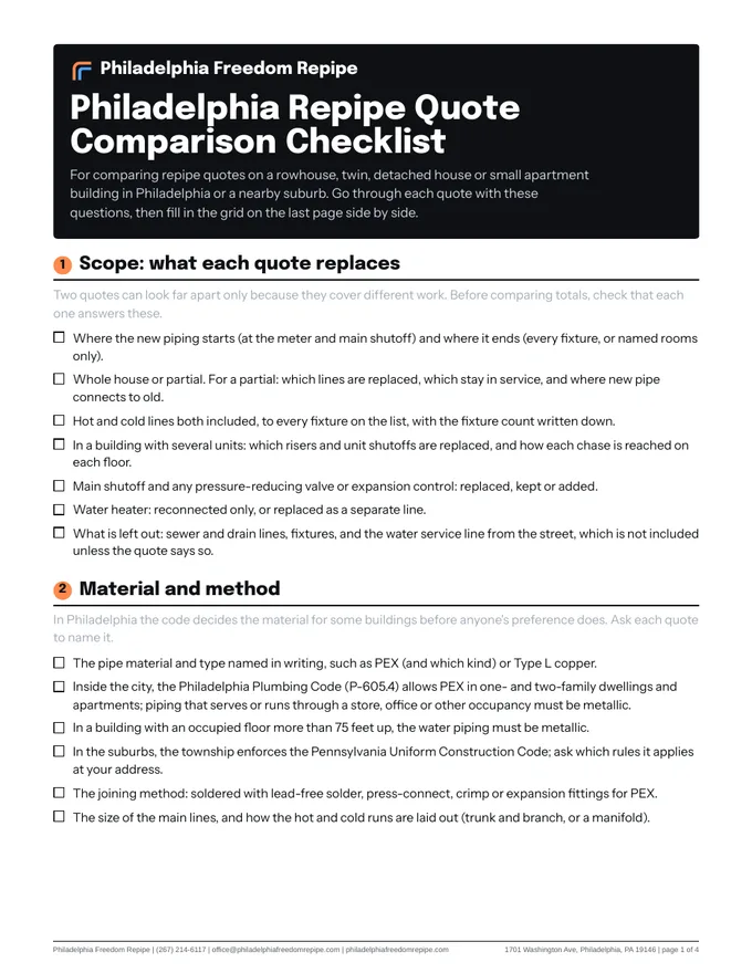 First page of the Philadelphia repipe quote comparison checklist: what each quote replaces and the material and method